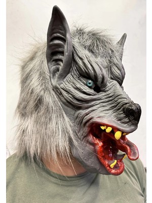 Alem Kafaya Tam Geçmeli Lateks Dil Çıkaran Mavi Gözlü Kurt Maskesi