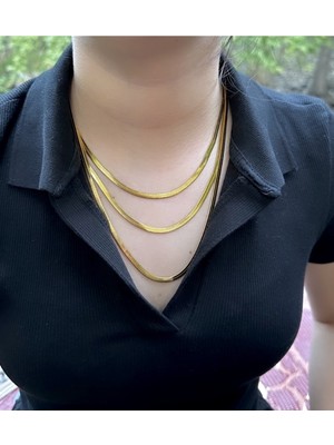 Normadia Gold Renk 3 Sıra Italyan Yassı Ezme Zincir Çelik Kolye