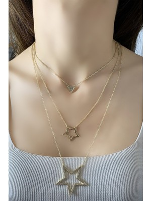 Normadia Kadın Uzun Gold Yıldız ve Üçgen Figürlü Üçlü Kolye