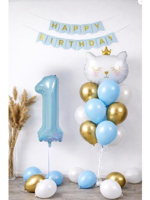 Patladı Gitti 1 Yaş Kedi Temalı Doğum Günü Balon Seti – Mavi Gold Konsept