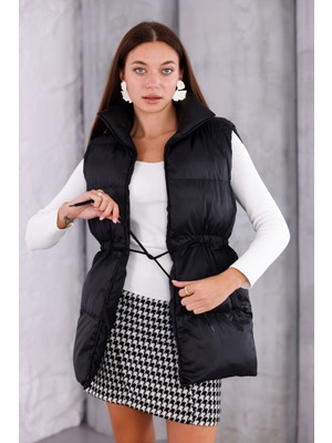 Pengora Kadın Kışlık Şişme Yelek Fermuarlı Dik Yaka Kapitoneli Bağcıklı Puff Dolgulu