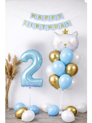 Patladı Gitti 2 Yaş Kedi Temalı Doğum Günü Balon Seti – Mavi Gold Konsept