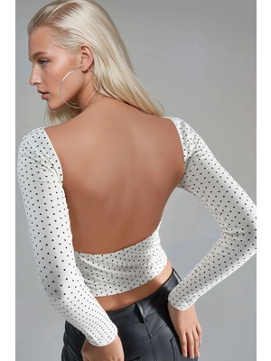 Hiccup Kadın Busem Sırt Detaylı Puantiyeli Slim Fit Crop Bluz Beyaz