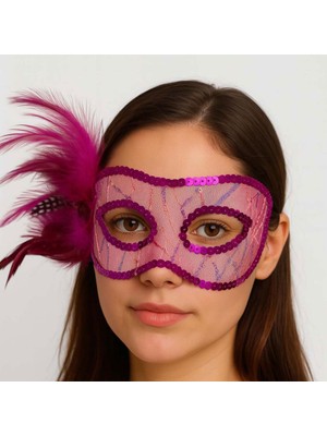 Die Grup Fuşya Renk Yandan Tüylü Pul Payet Işlemeli Parti Maskesi 23X12 cm DIERSTP-32456