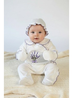 Bebeva Baby Kız Bebek %100 Pamuklu Eda Baby Lavanta Nakışlı Şapkalı ve Eldivenli 3'lü Tulum Seti