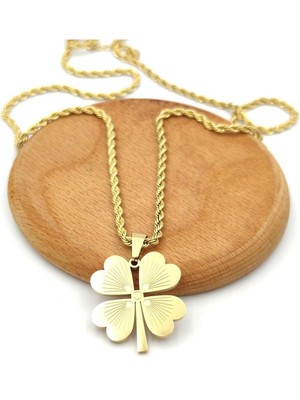 Normadia Şık 3 mm Burgu Zincir Çelik Yonca Kolye 65 cm Altın Sarı