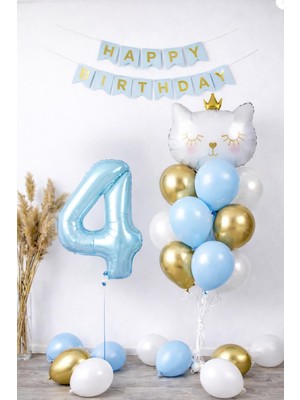 Patladı Gitti 4 Yaş Kedi Temalı Doğum Günü Balon Seti – Mavi Gold Konsept
