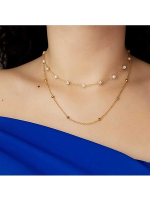 Normadia Altın Rengi Ikili Taşlı Zincir Paslanmaz Çelik Kolye