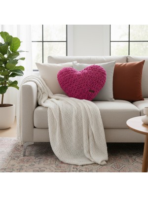 Ayona El Örgüsü Fuşya Puffy Kalp Yastık - Ultra Yumuşak Hediyelik Dekoratif Yastık 44X40 cm