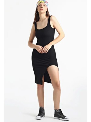 Evolaria Kadın Siyah  Kare Yaka Yırtmaçlı Kaşkorse Elbise