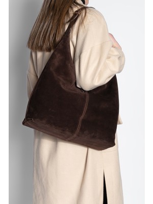 Marjin Kadın Hakiki Deri Shopper Fermuarlı Omuz Çantası Avelin Kahve Süet