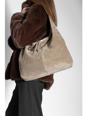 Marjin Kadın Hakiki Deri Shopper Fermuarlı Omuz Çantası Avelin Vizon Süet