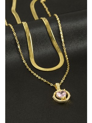 Nuveden Ieg™ Kalp Zirkon Taşlı Çelik Ikili Kolye