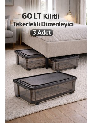 Loremp 60 Lt Tekerlekli Kilitli 3 Adet Saklama Kutusu Depolama Düzenleyici