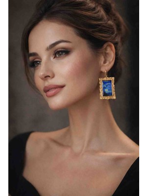 Myth Atelier El Yapımı Yıldızlı Gece Gold Çerçeveli Özel Tasarım Küpe - Zarif ve Şık, Hediye, Sanatsal