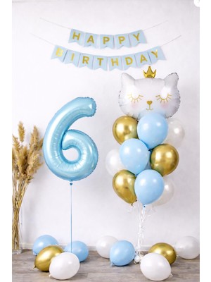 Patladı Gitti 6 Yaş Kedi Temalı Doğum Günü Balon Seti – Mavi Gold Konsept