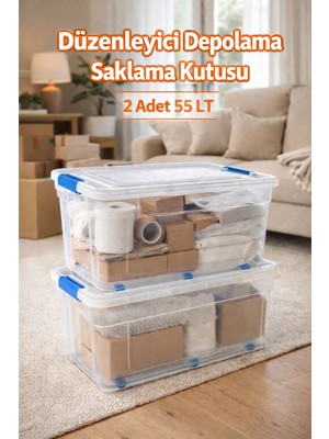 Loremp 55 Lt Saklama Kutusu 2 Adet Düzenleyici Depolama Kilitli Tekerlekli Şeffaf