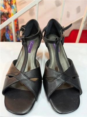 Lo Mejor Shoes Siyah Deri T Model Latin-Salsa-Tango Dans ve Salon Ayakkabısı 7 cm 11 Pont Kadeh Model Kapalı Topuk