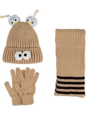 Kitti Çocuk Kız Atkı Bere Eldiven Takım (4-8 Yaş) K24170-09 Bej
