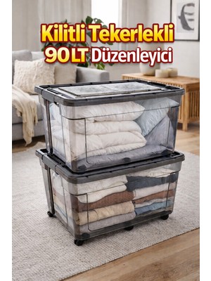 Loremp 90 Lt Antrasit Kilitli Tekerlekli Saklama Kutusu 2 Adet Depolama Düzenleyici