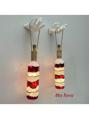 El Heykeli ve Peri LED Işıklı Dekorlu Aplik, Kırmızı-Beyaz Vitray Şişe Set