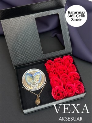 Vexa Aksesuar Inci Çelik Kolye Hediye Seti | Güllü Özel Kutulu, Istiridye Içinde Inci Set