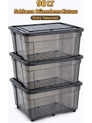 Loremp 90 Lt Tekerlekli Antrasit Kilitli Saklama Kutusu 3 Adet Depolama