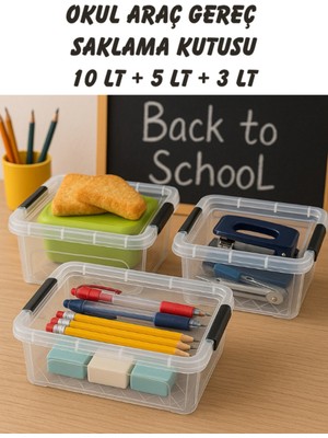 Loremp Kırtasiye Okul Araç Gerek Saklama Kutusu 10 Lt + 5 Lt + 3 Lt Şeffaf