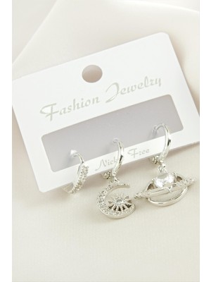 Nuveden Ieg™ 3 Adet Hilal Yıldız Zirkon Taşlı Küpe