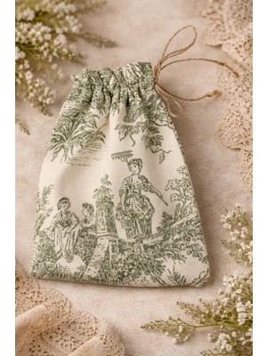 Buem Shop French Garden Mini Kese 15X21 cm | Yeşil Toile De Jouy Keten Jüt Ipli Büzgülü Hediye Kesesi