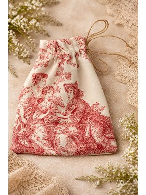Buem Shop French Village Mini Kese 15X21 cm | Kırmızı Toile De Jouy Keten Jüt Ipli Büzgülü Hediye Kesesi