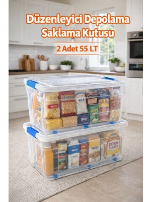 Loremp Depolama Düzenleyici 2 Adet 55 Lt Kilitli Tekerlekli Saklama Şeffaf