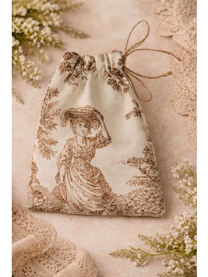 Buem Shop French Village Mini Kese 15X21 cm | Kahverengi Toile De Jouy Keten Jüt Ipli Büzgülü Kese