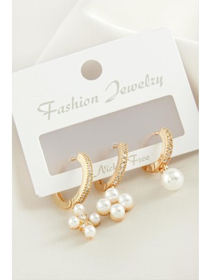 Nuveden Ieg™ 3 Adet Çiçek Inci Zirkon Taşlı Küpe