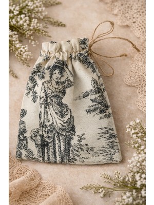 Buem Shop French Village Mini Kese 15X21 cm | Siyah Toile De Jouy Keten Jüt Ipli Büzgülü Hediye Kesesi