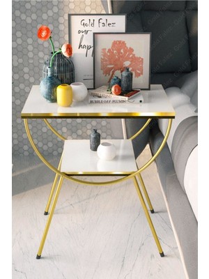 Sepetink Yan Sehpa Komodin Metal Ayak Çift Gold Beyaz