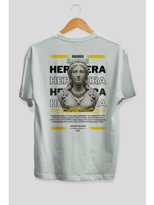 Ankhises Hera 1 Mitoloji Arka Baskılı Oversize T-Shirt Erkek Kadın Pamuk Bisiklet Yaka Tişort