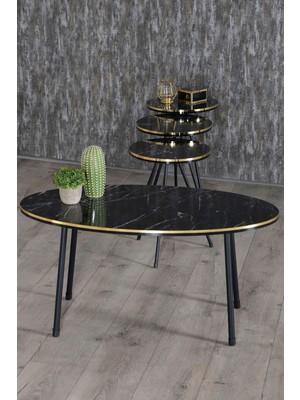 Sepetink Zigon Sehpa ve Orta Sehpa Elips Set Siyah Metal Ayak Çift Altın Bendir