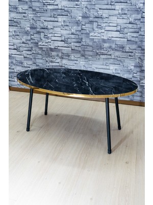 Sepetink Zigon Sehpa ve Orta Sehpa Elips Siyah Metal Ayak Altın Bendir Set