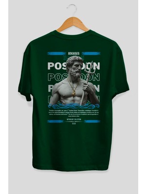 Ankhises Poseidon 3 Mitoloji Arka Baskılı Oversize T-Shirt Erkek Kadın Pamuk Bisiklet Yaka Tişort