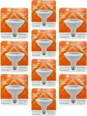 Avarson (10 Adet) Osaka 14W (100W) Beyaz Işık (6500K) E27 Duylu (Kalın Duy) LED PAR30 Ampul