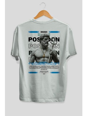 Ankhises Poseidon 3 Mitoloji Arka Baskılı Oversize T-Shirt Erkek Kadın Pamuk Bisiklet Yaka Tişort