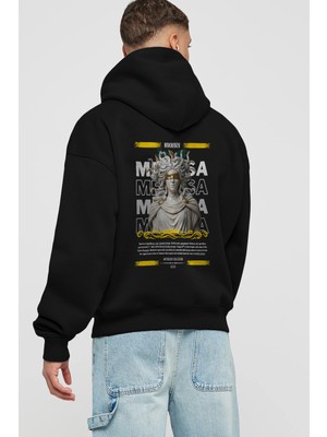 Ankhises Medusa 2 Mitoloji Arka Baskılı Siyah Hoodie Oversize Kapüşonlu Sweatshirt Erkek Kadın