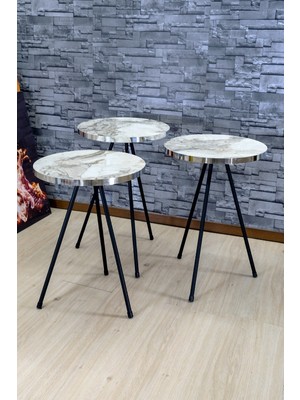 Sepetink Zigon Sehpa 3'lü Siyah Metal Ayak Gümüş Efes 1071