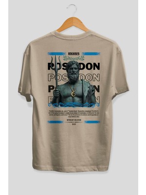 Ankhises Poseidon 1 Mitoloji Arka Baskılı Oversize T-Shirt Erkek Kadın Pamuk Bisiklet Yaka Tişort