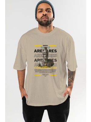 Ankhises Ares 1 Mitoloji Ön Baskılı Oversize T-Shirt Erkek Kadın Pamuk Bisiklet Yaka Tişort