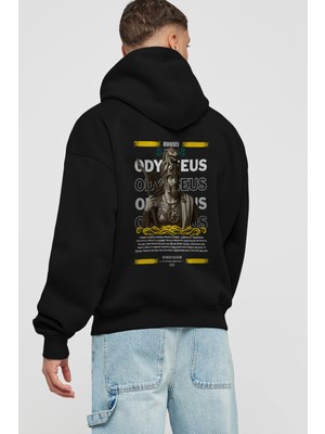 Ankhises Odysseus 2 Mitoloji Arka Baskılı Siyah Hoodie Oversize Kapüşonlu Sweatshirt Erkek Kadın
