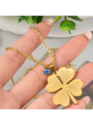 Normadia Şık Uzun Çelik Zincirli 4 Yapraklı Yonca Kolye 60 cm Uzunluk