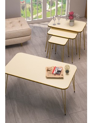 Sepetink Zigon Sehpa Kr ve Orta Sehpa Kr Set Çift Gold Krem Tel 1114