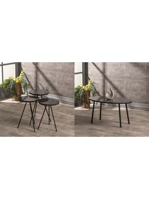 Sepetink Zigon Sehpa ve  Orta Sehpa Set  Metal  Elips Siyah Mermer Desen